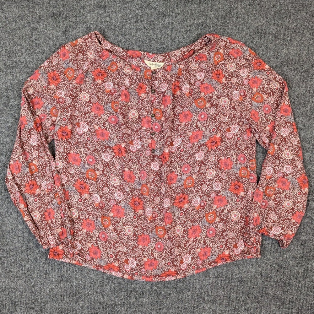 Lucky Brand Womens Medium Floral Peasant Blouse Red Orange Boho Button Front